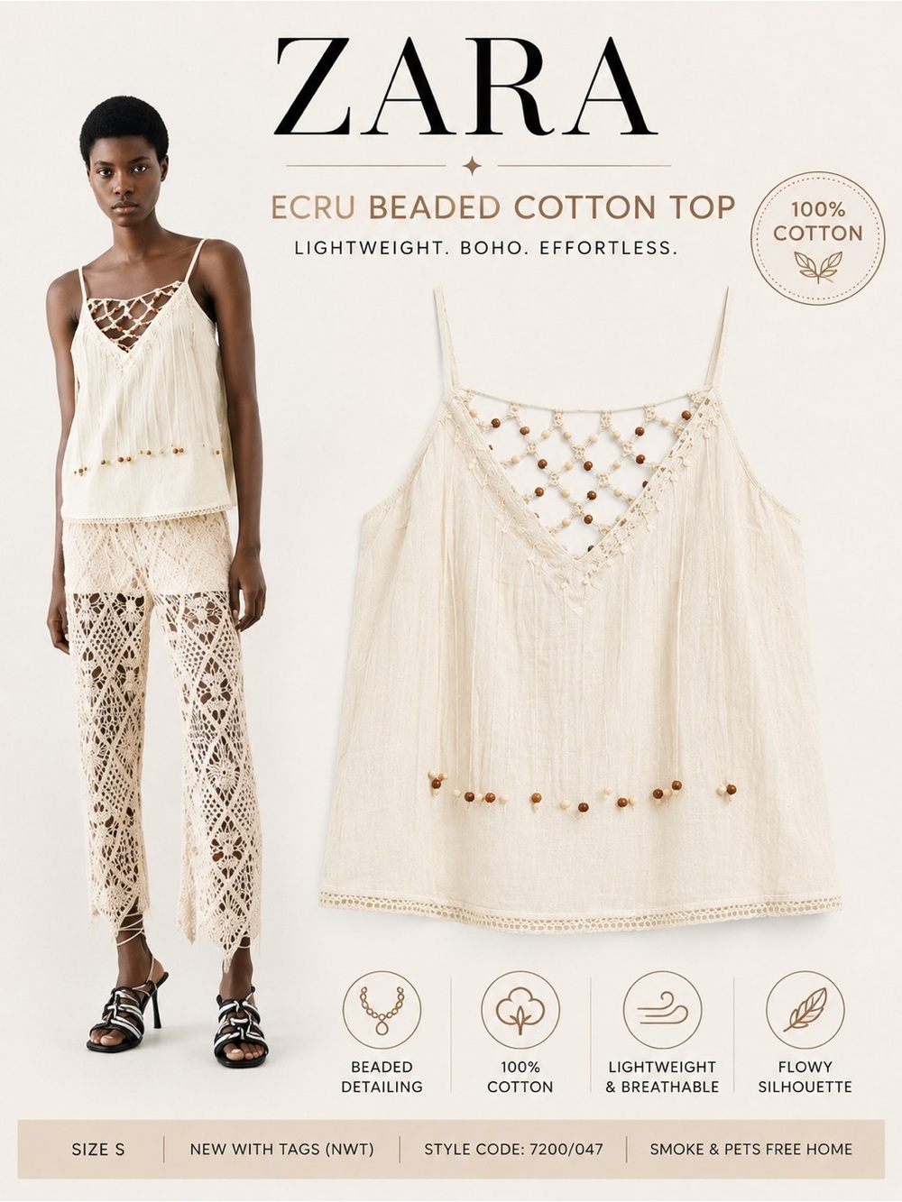 Zara Ecru Beaded Cotton Top Size S NWT Boho Crochet Detail Sleeveless Blouse